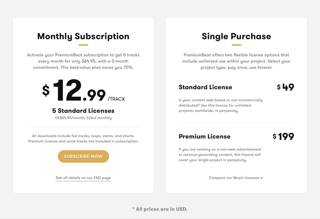 PremiumBeat Pricing Options - YouTube stock music