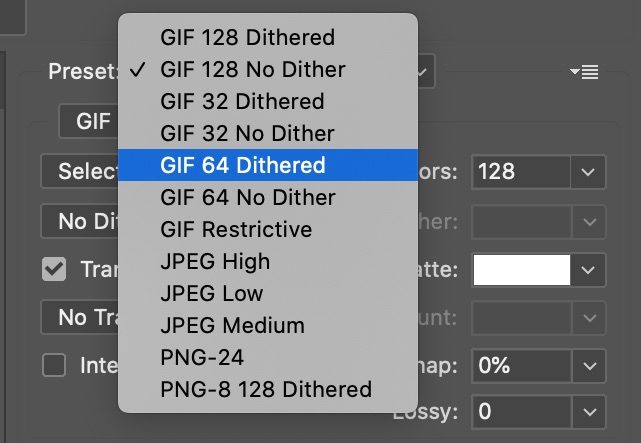 Photoshop GIF Export Dither Options - After Effects
