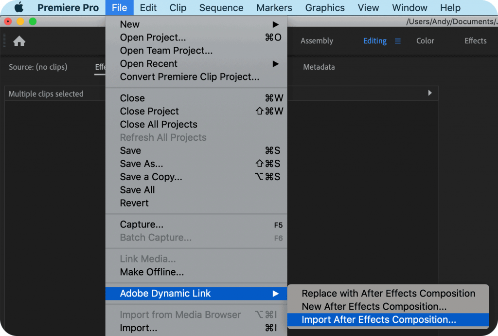 Adobe Dynamic Link Import After Effects Composition