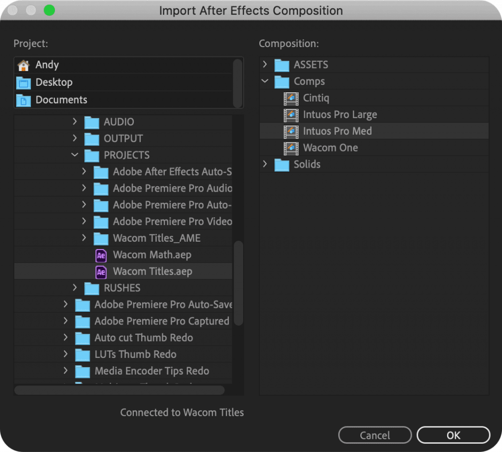 Adobe Dynamic Link Import After Effects Composition Dialog 02