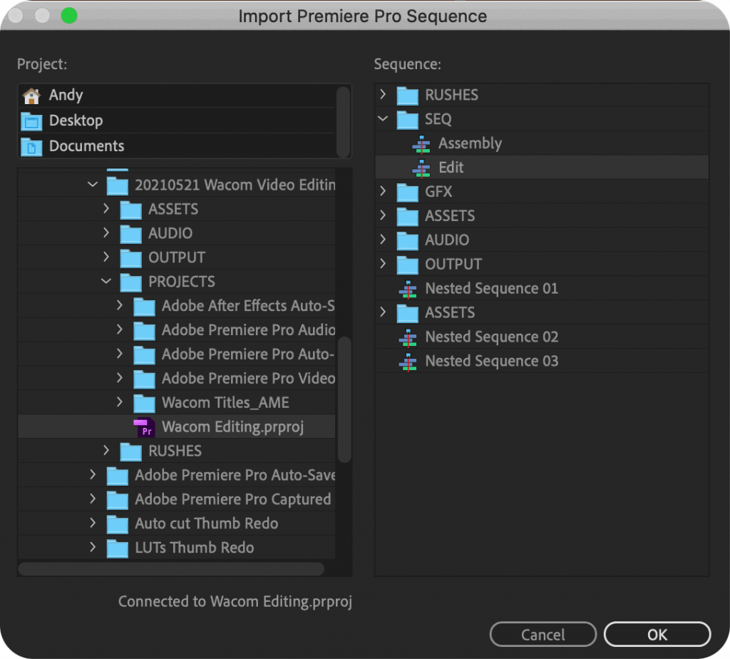 Adobe Dynamic Link Import Premiere Pro Sequence