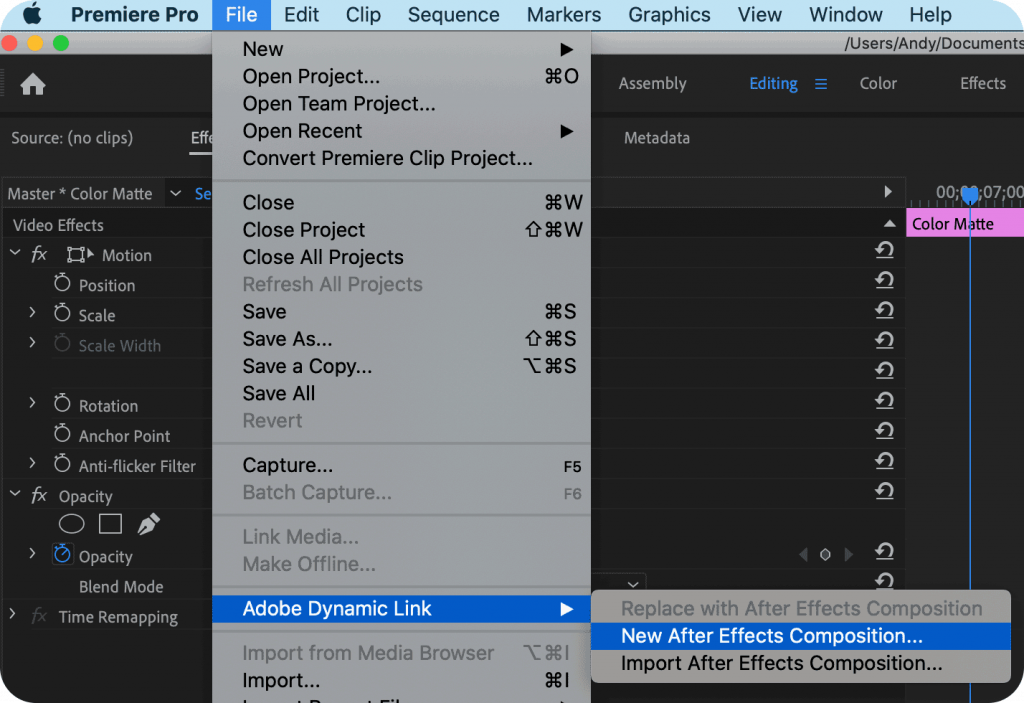 Adobe Dynamic Link New After Effects Composition