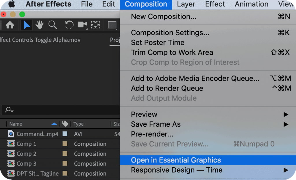 After Effects Open in Essential Graphics