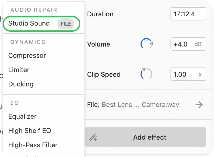 Descript Add Studio Sound Effect - How to Improve Teams Audio Post Production