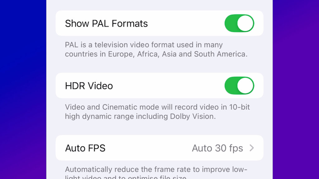 iPhone HDR video toggle in settings